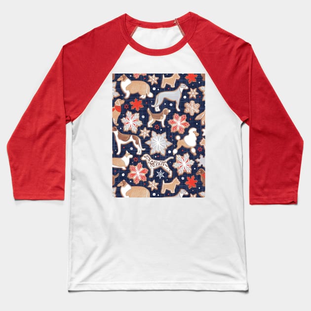 Catching ice and sweetness // pattern // navy blue background gingerbread white brown grey and dogs and snowflakes neon red details Baseball T-Shirt by SelmaCardoso